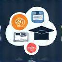 Icon representing interactive education with a thought bubble and graduation cap.