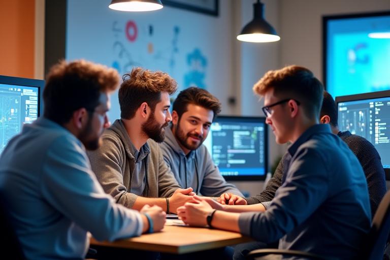 A candid shot of the team collaborating in the Asobimono Studio office, showing a diverse group working together.