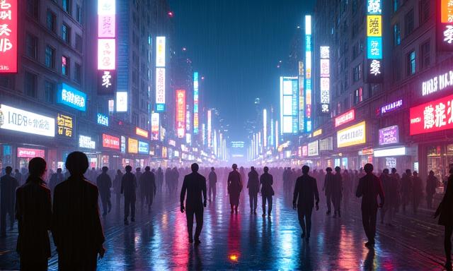 In-game screenshot of a bustling neon street in Echoes of Shinra.