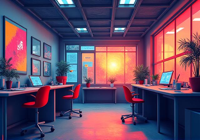 Concept art depicting the studio's creative spirit. Abstract digital brushes forming a vibrant, collaborative workspace.